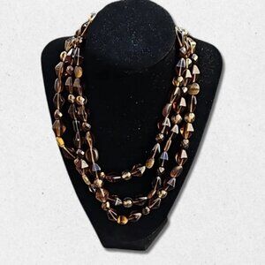 Vintage Inspired Glass Beaded Necklace Three Stranded Lobster Clasp Brown W OS